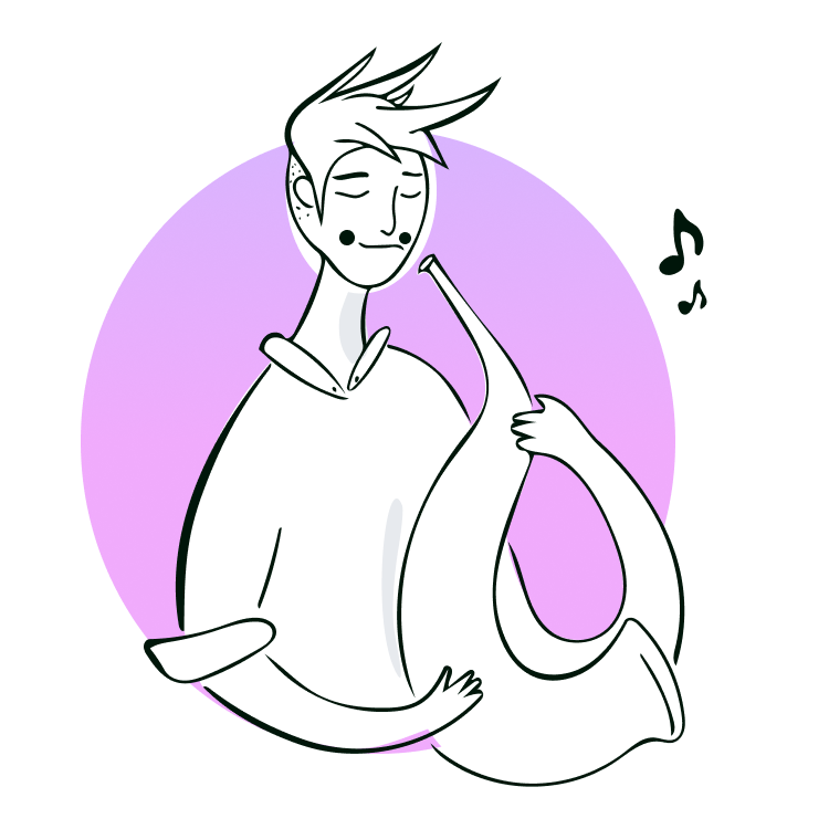 Vylo illustration, serene person seated, eyes closed, music notes