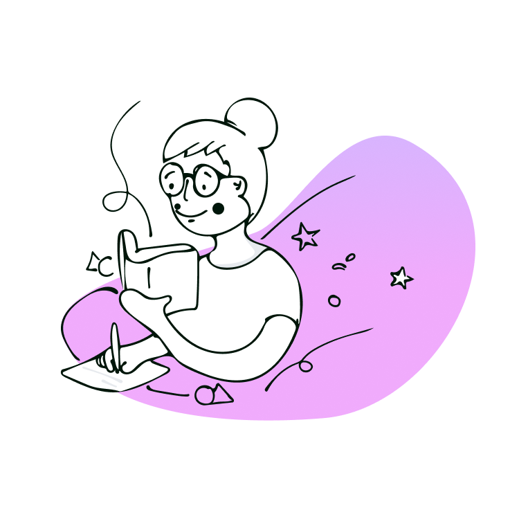 Vylo illustration, person reading/journaling with tea